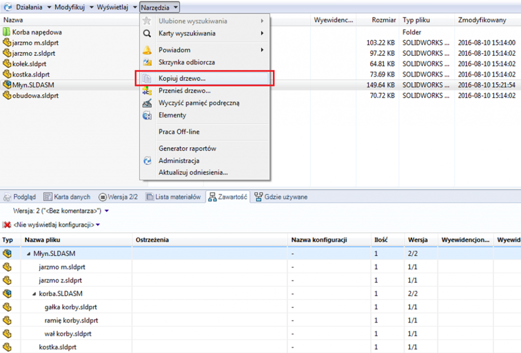 Kopiuj drzewo w SOLIDWORKS PDM