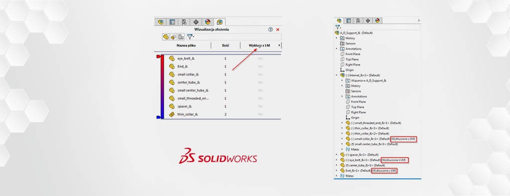2 sposoby na wyświetlenie elementów wykluczonych z listy materiałów w SOLIDWORKS