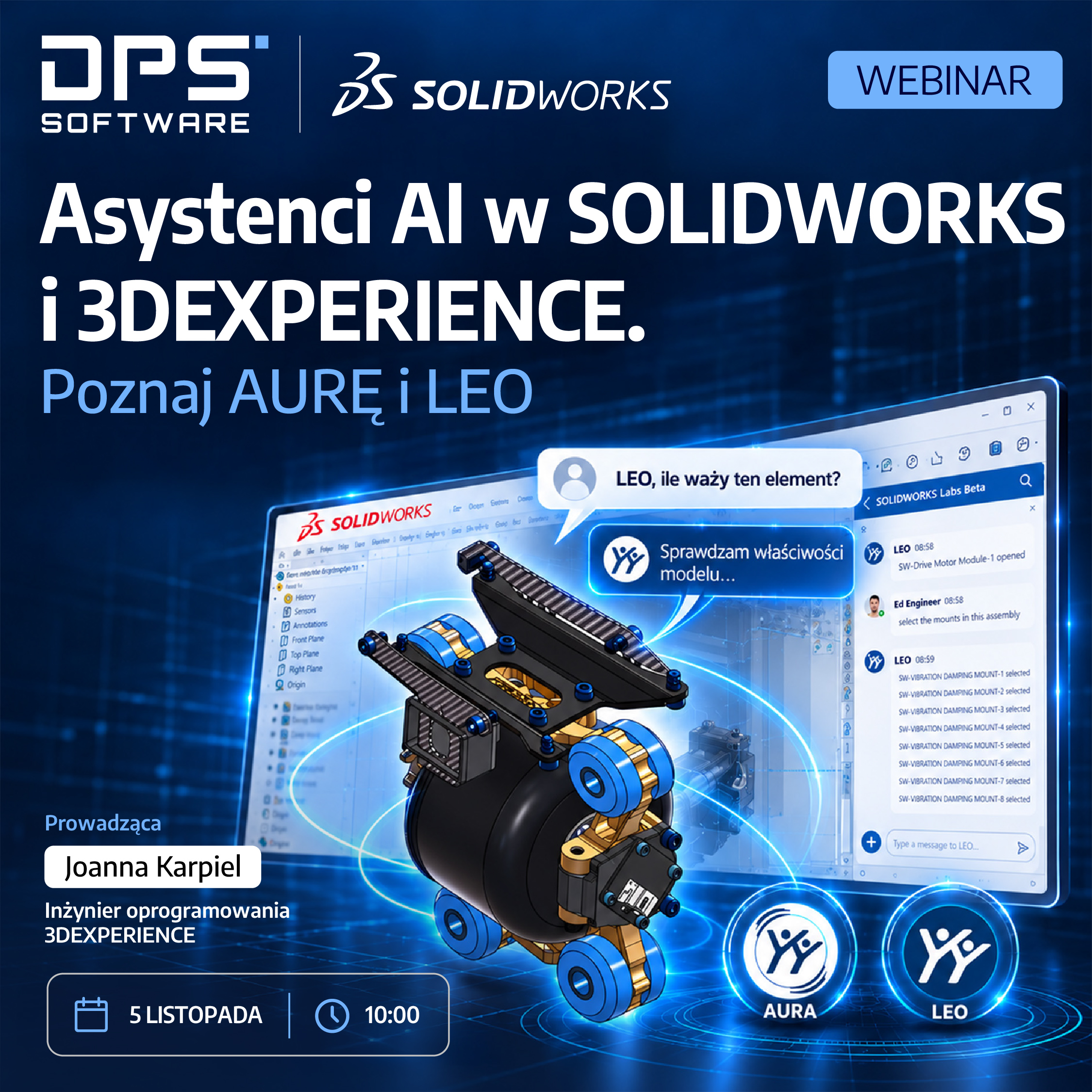 Webinar: Asystenci AI w SOLIDWORKS i 3DEXPERIENCE. Poznaj AURĘ i LEO